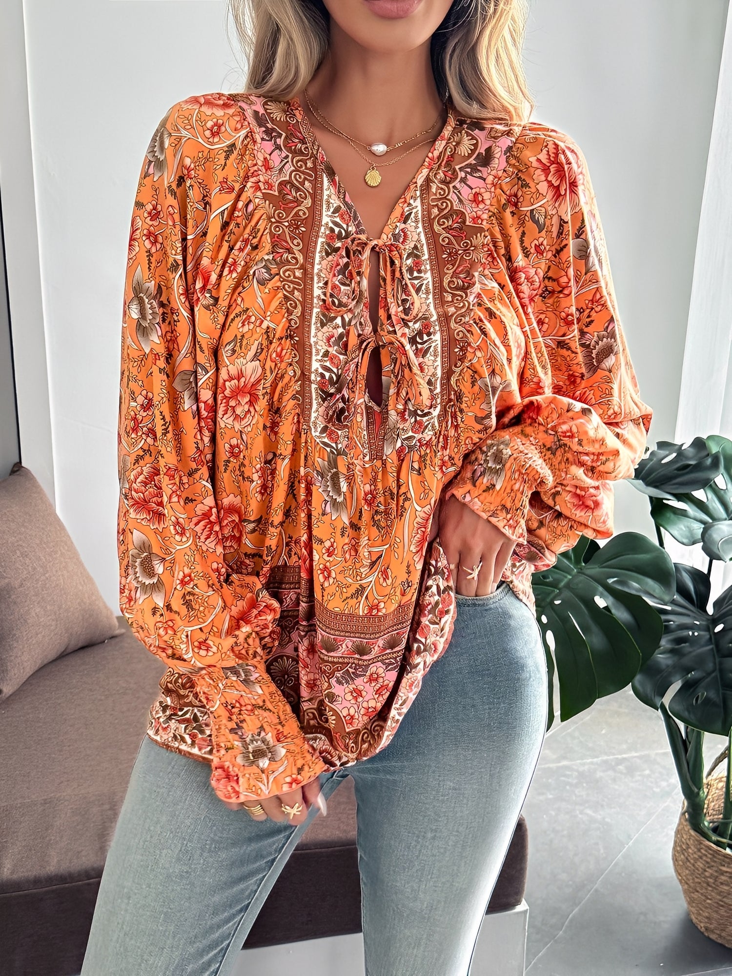 Lace-Up Boho Floral Smock Long Sleeves Blouse