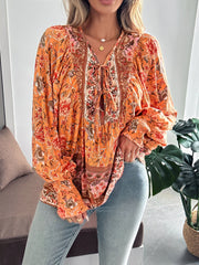 Lace-Up Boho Floral Smock Long Sleeves Blouse
