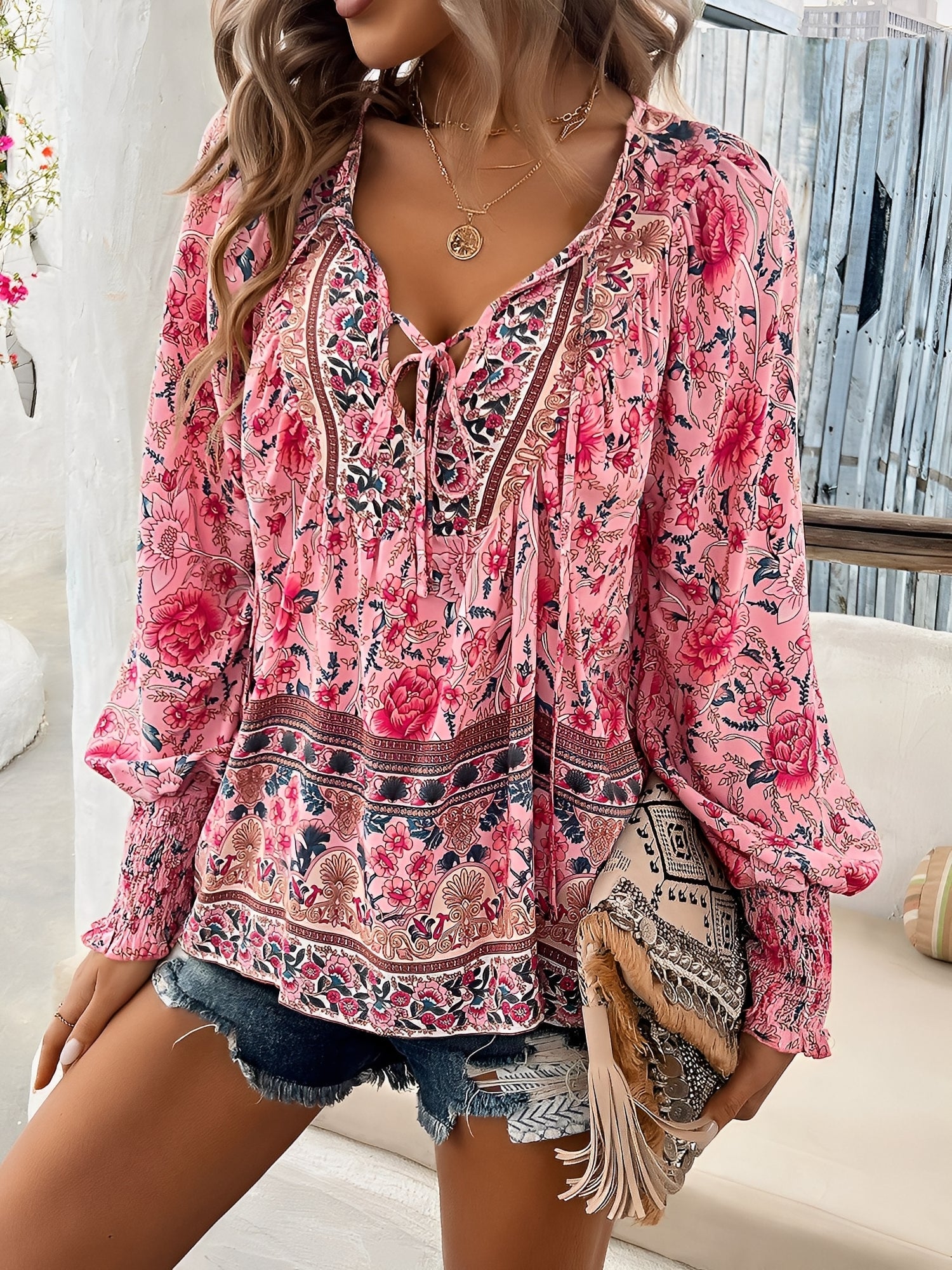 Lace-Up Boho Floral Smock Long Sleeves Blouse