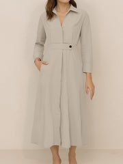 Solid Color Collared Long Sleeve Pockets Slit Dress