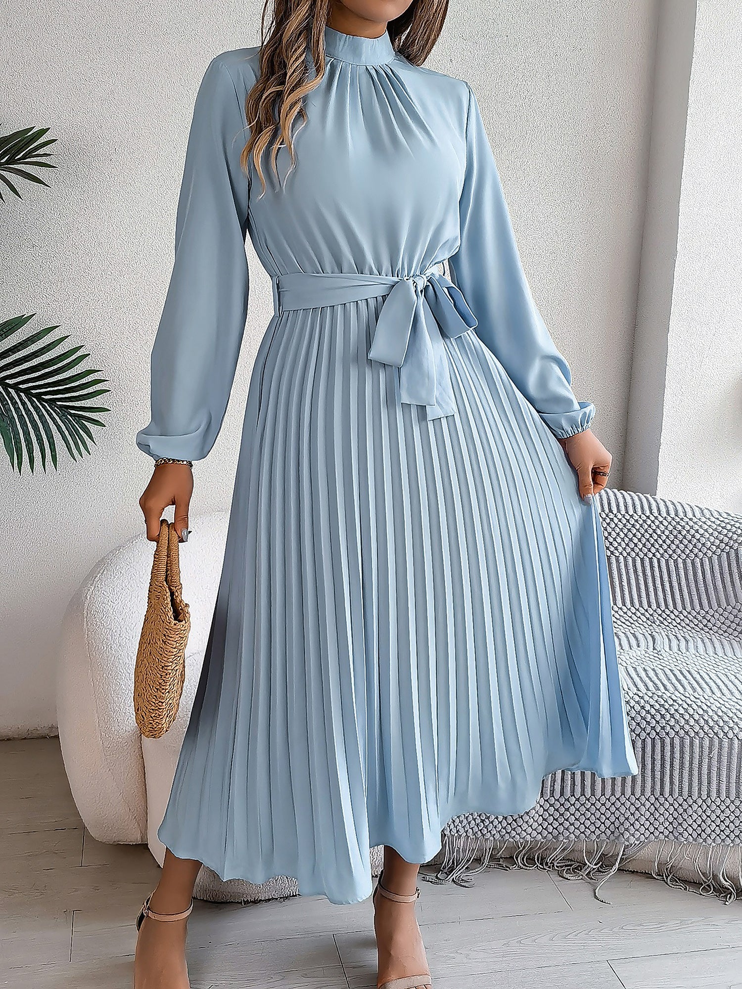 Ruched Mock Neck Tie Waist Pleated A-Line Dress