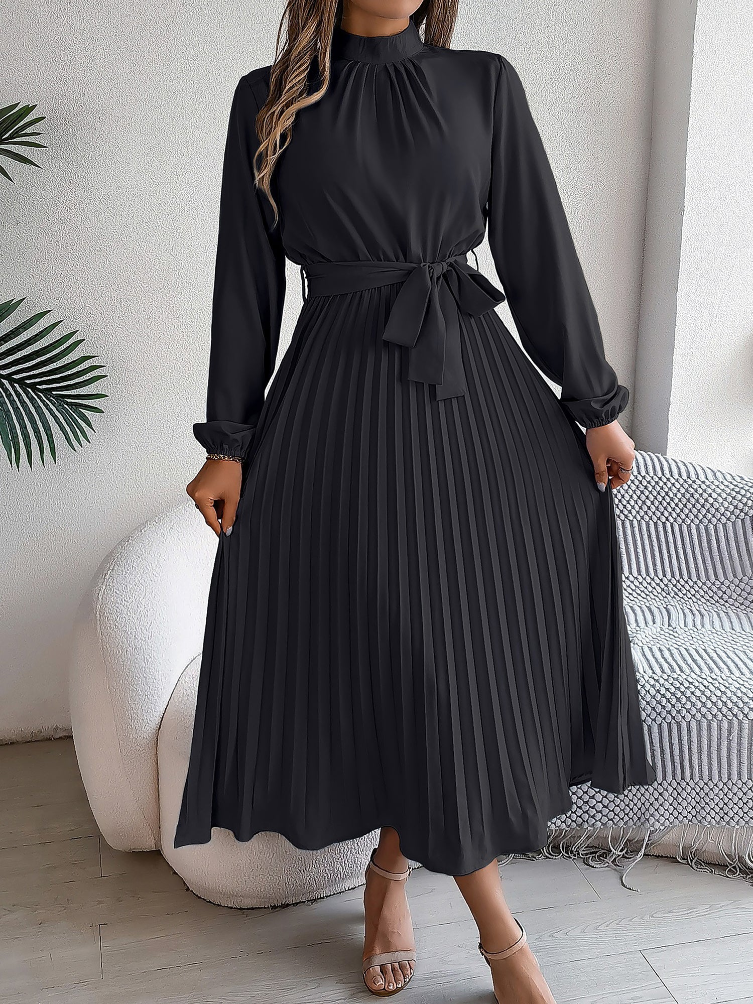 Ruched Mock Neck Tie Waist Pleated A-Line Dress