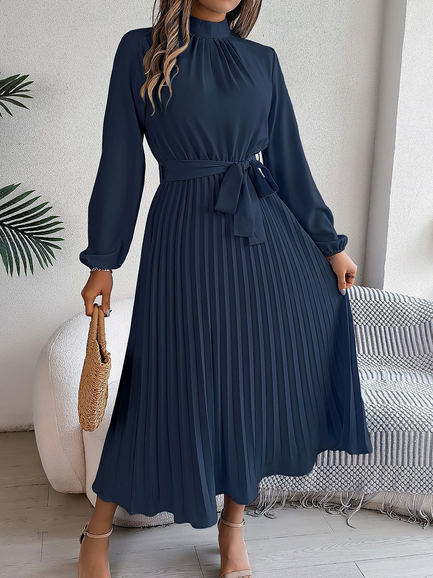 Ruched Mock Neck Tie Waist Pleated A-Line Dress