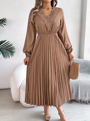 Lace V Neck Puff Long Sleeves Pleated A-Line Dress