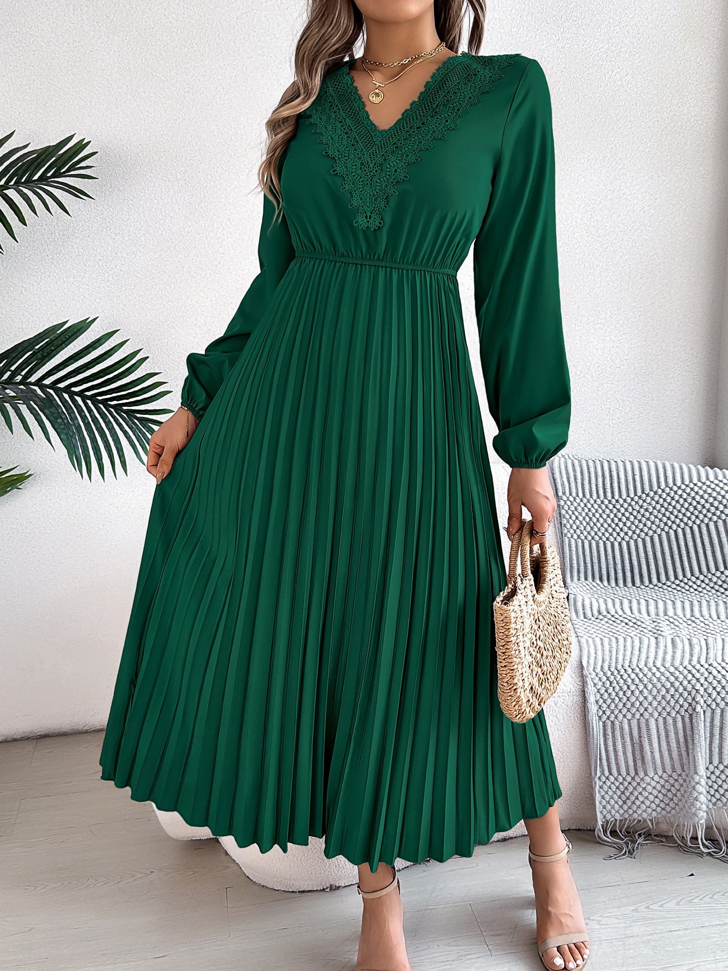 Lace V Neck Puff Long Sleeves Pleated A-Line Dress