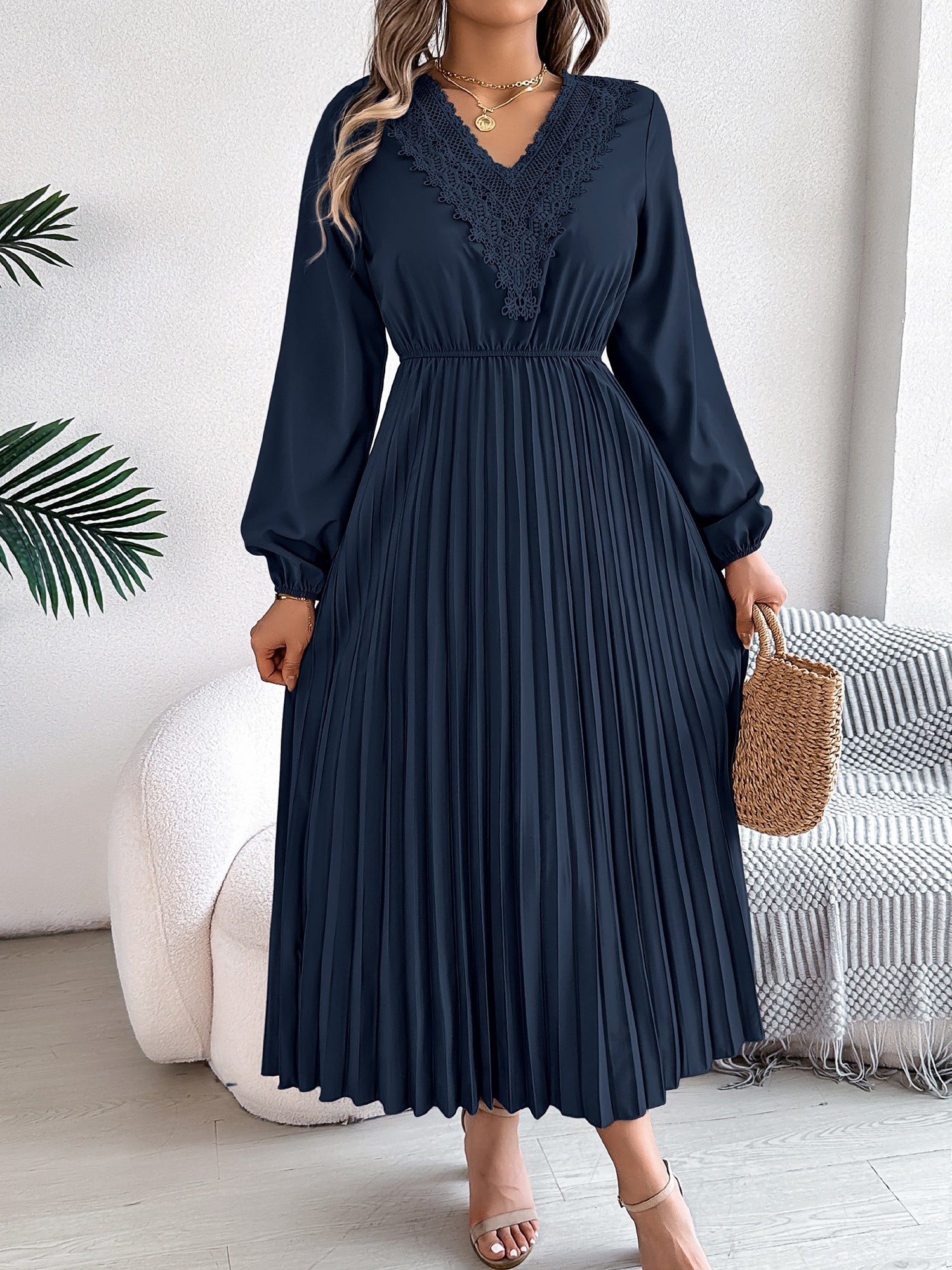 Lace V Neck Puff Long Sleeves Pleated A-Line Dress
