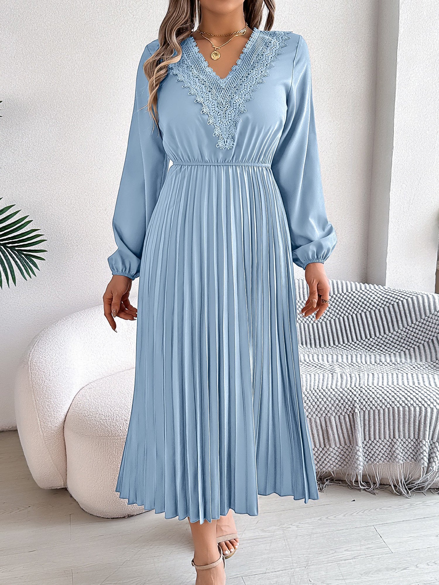 Lace V Neck Puff Long Sleeves Pleated A-Line Dress
