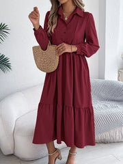 Lapel Button Down Long Sleeves Tiered Shirt Dress