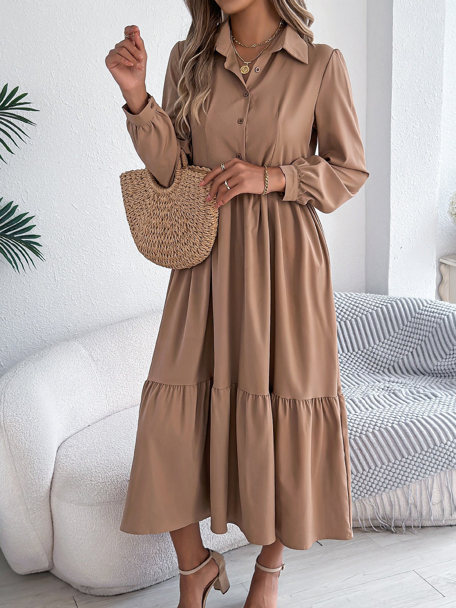 Lapel Button Down Long Sleeves Tiered Shirt Dress