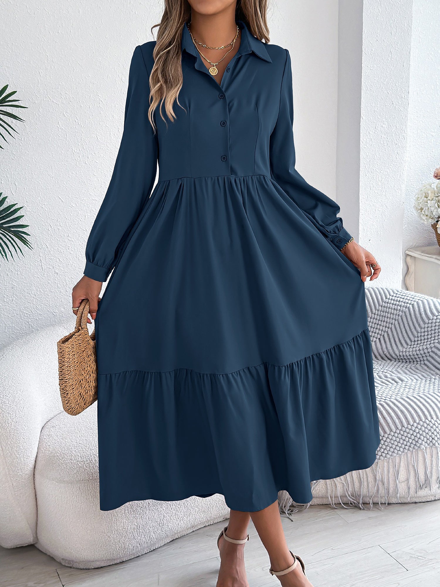 Lapel Button Down Long Sleeves Tiered Shirt Dress