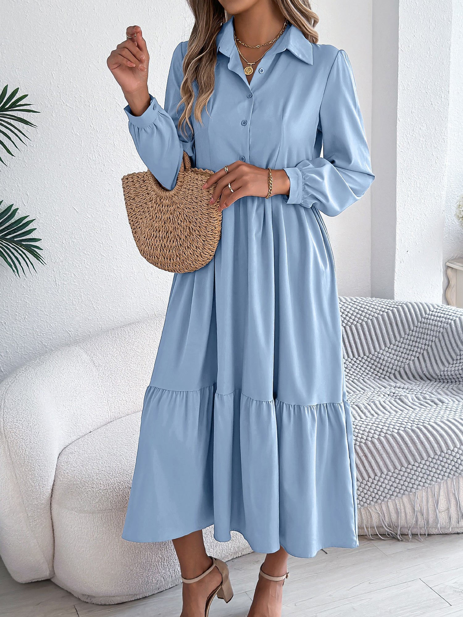 Lapel Button Down Long Sleeves Tiered Shirt Dress