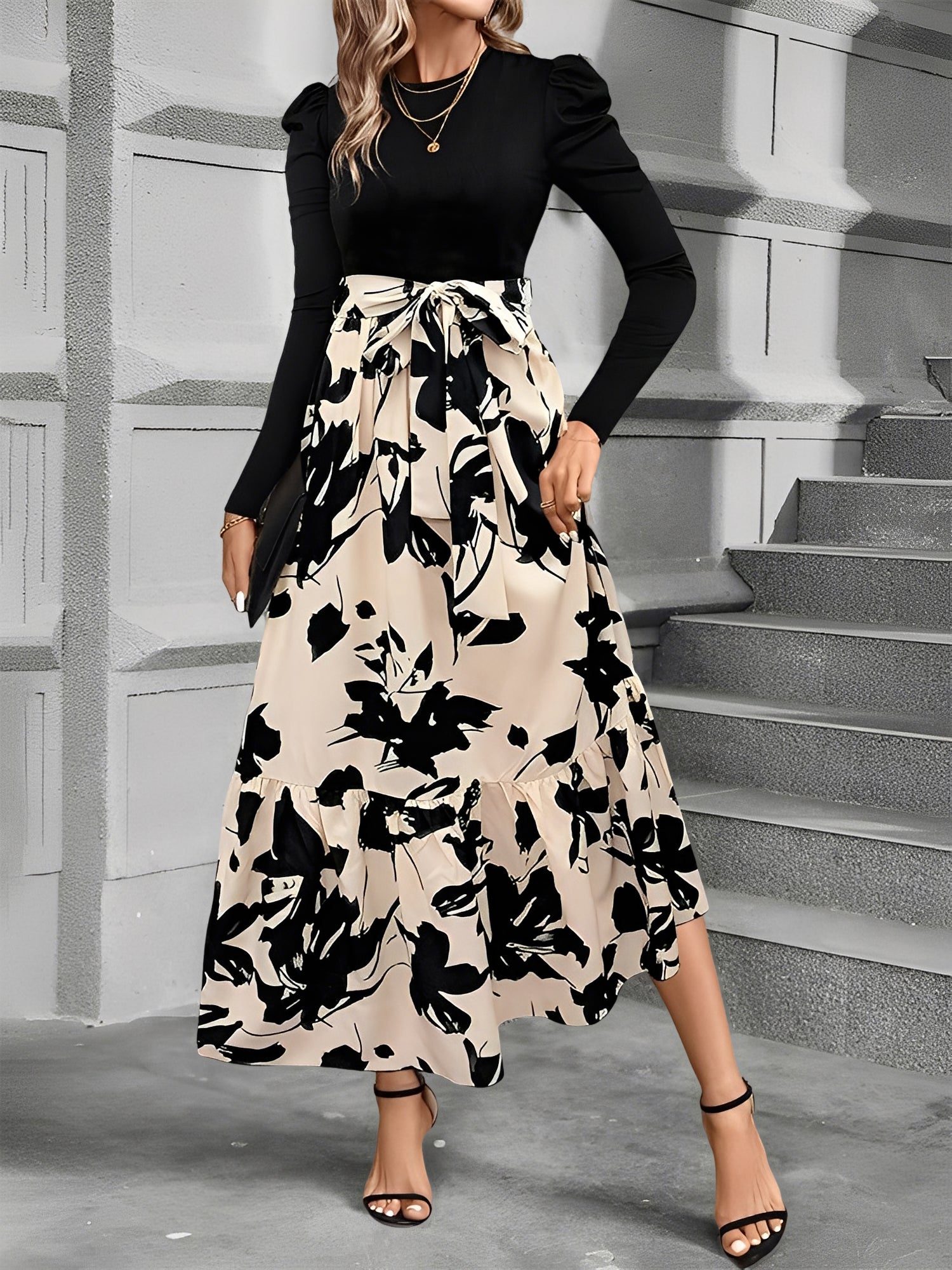 Crew Neck Ruched Sleeves Patchwork Graphic A-Line Tiered Dress