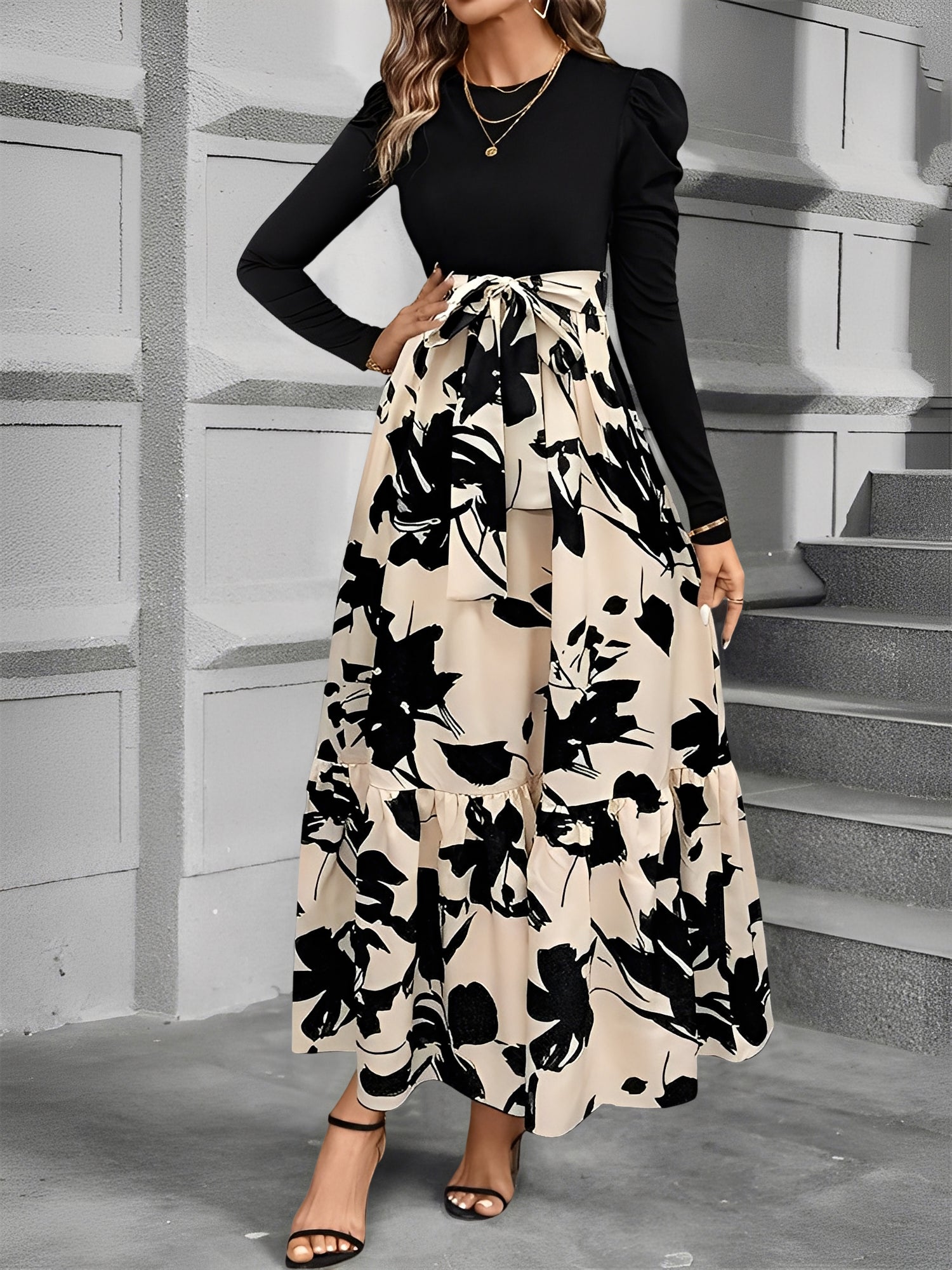 Crew Neck Ruched Sleeves Patchwork Graphic A-Line Tiered Dress