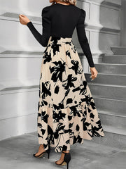 Crew Neck Ruched Sleeves Patchwork Graphic A-Line Tiered Dress
