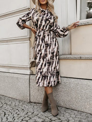 Bow Tie Neck Printed Puff Long Sleeves A-Line Dress