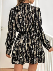 Graphic V Neck Long Sleeves Ruffled Layered Mini Dress