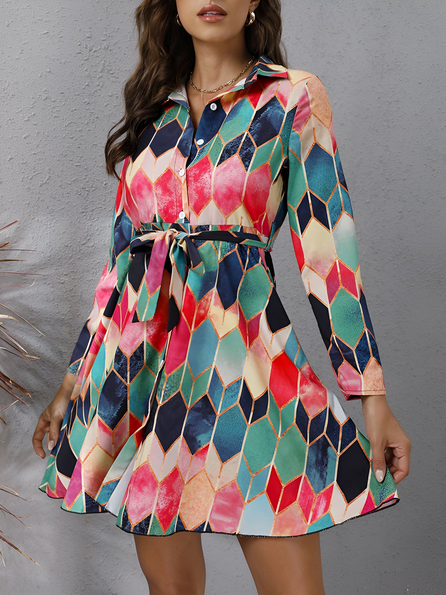 Graphic Collared Long Sleeves Lace-Up Shirt Dress