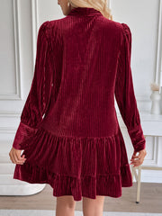 Velvet Textured Bow-Tie Puff Sleeves Ruffled Tiered Dress