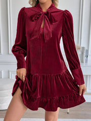 Velvet Textured Bow-Tie Puff Sleeves Ruffled Tiered Dress