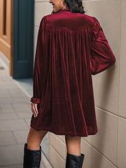 Velvet Notch Neck Puff Sleeves Ruffled Babydoll Dress