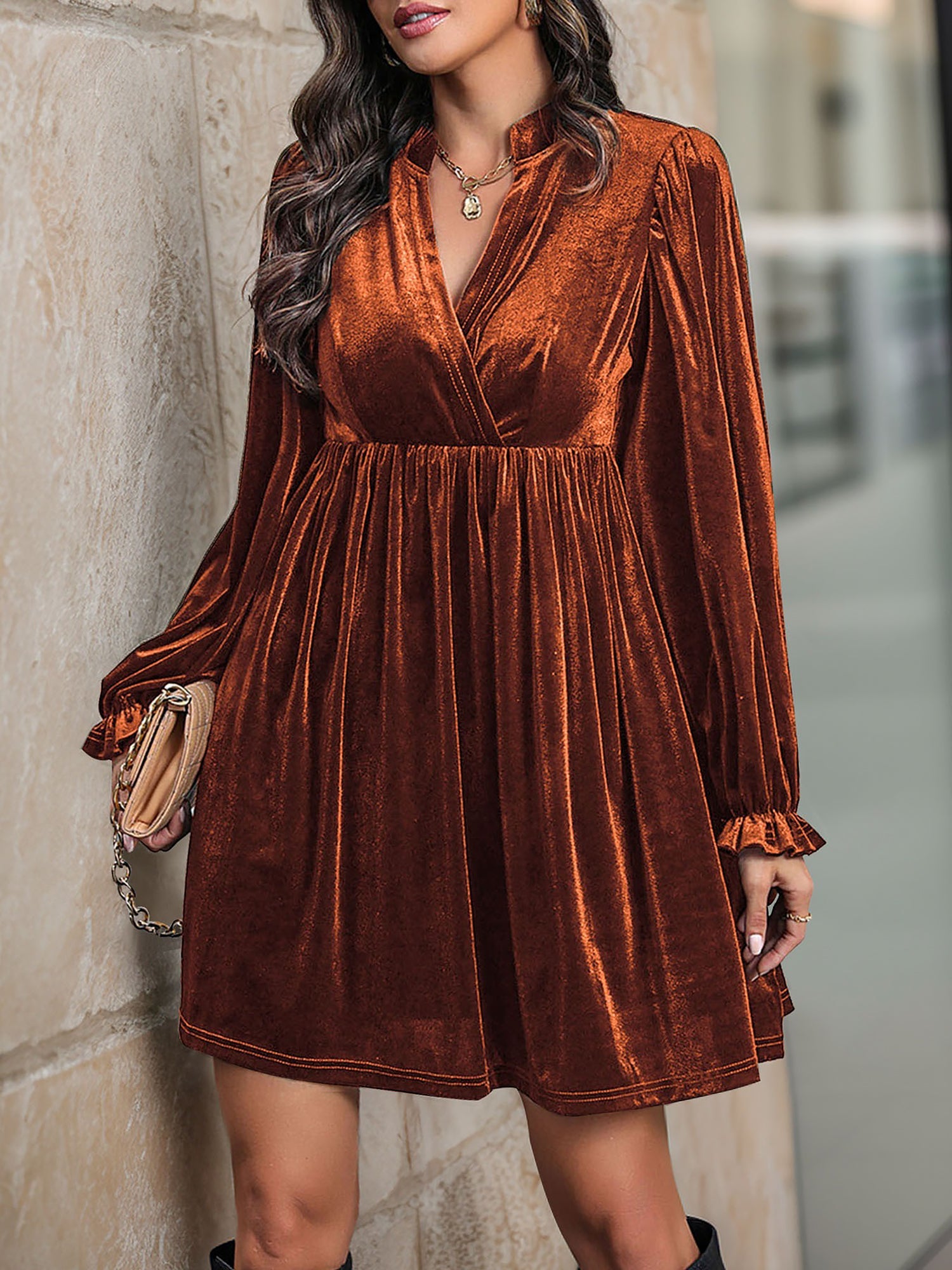 Velvet Notch Neck Puff Sleeves Ruffled Babydoll Dress