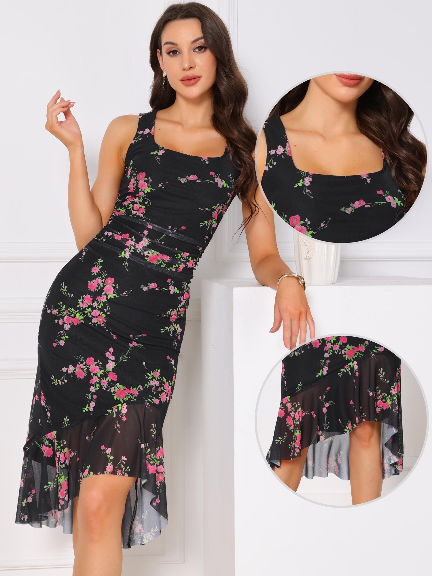 Floral Bodycon Sleeveless Square Neck Ruched Mesh Fishtail Dress