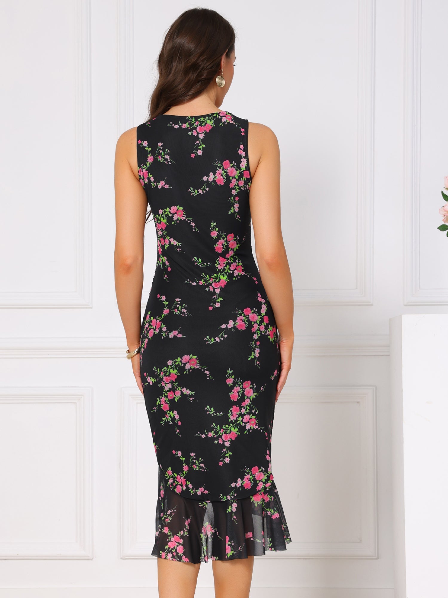 Floral Bodycon Sleeveless Square Neck Ruched Mesh Fishtail Dress