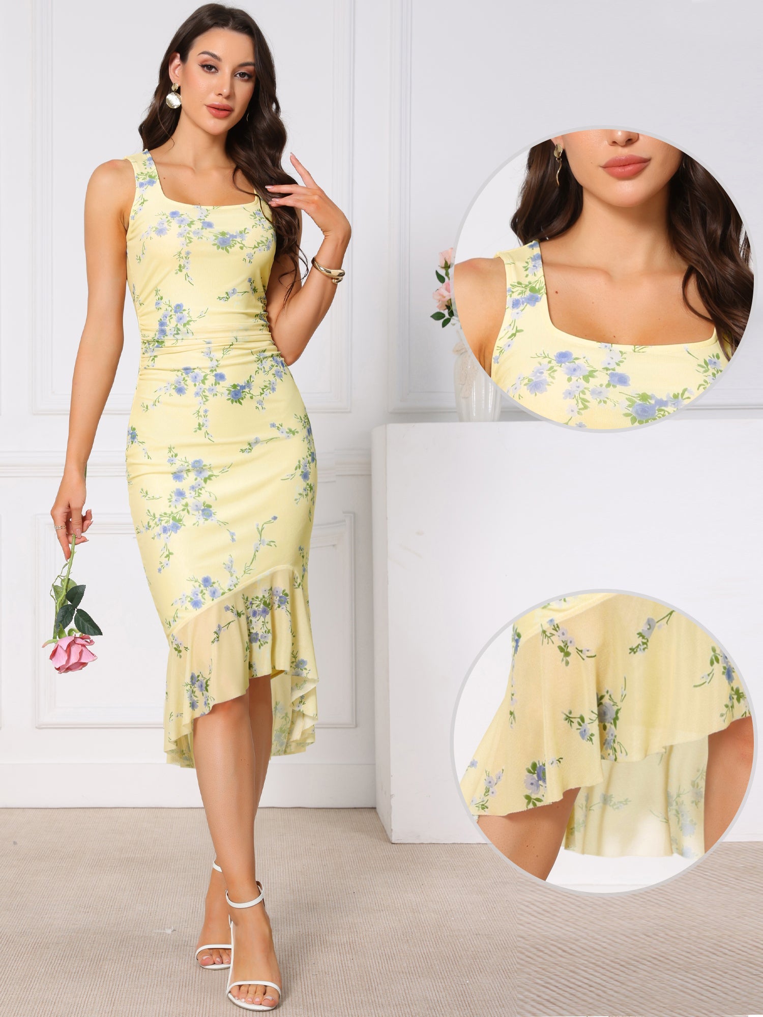 Floral Bodycon Sleeveless Square Neck Ruched Mesh Fishtail Dress
