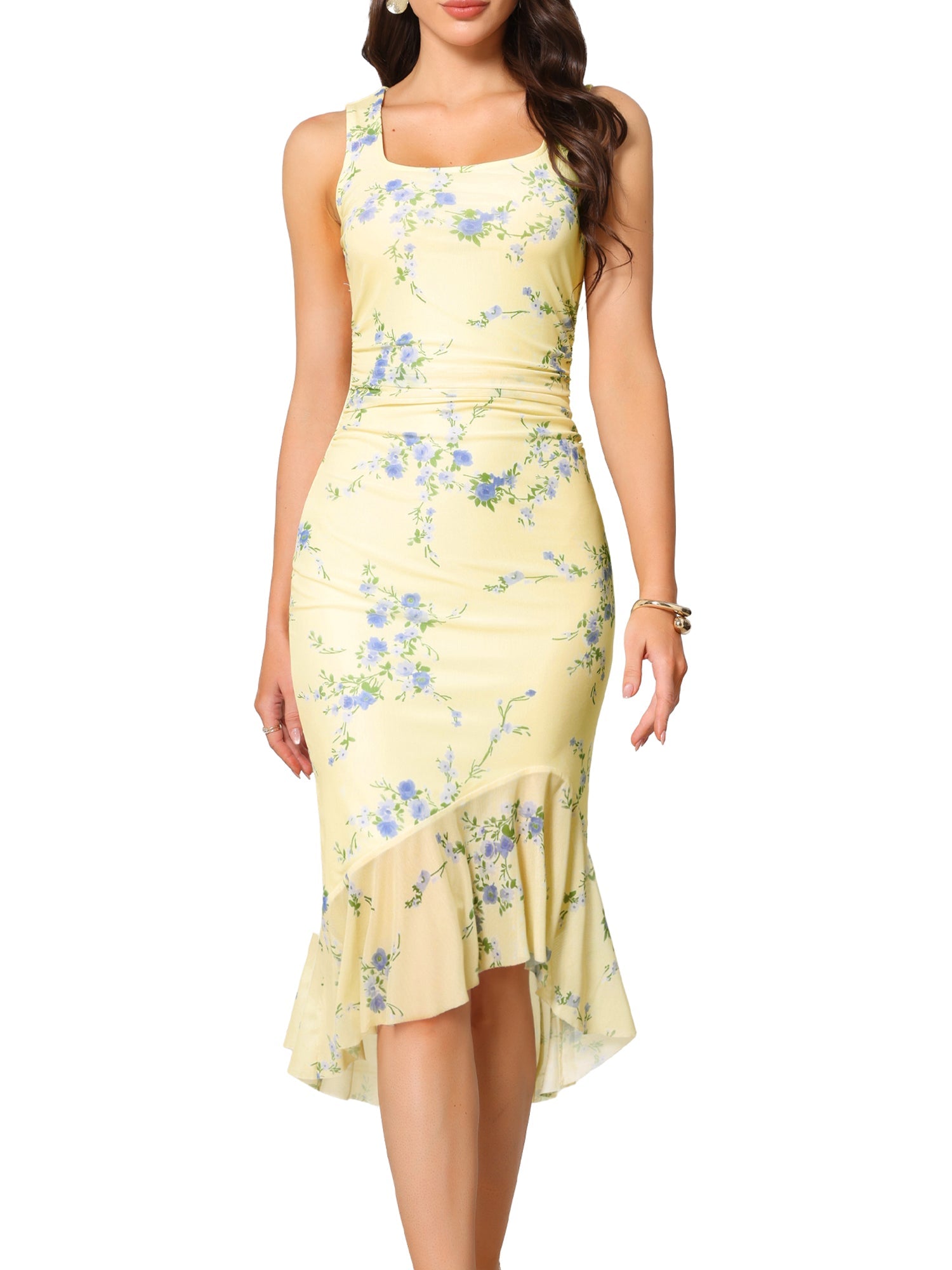 Floral Bodycon Sleeveless Square Neck Ruched Mesh Fishtail Dress