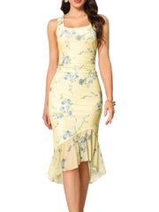 Floral Bodycon Sleeveless Square Neck Ruched Mesh Fishtail Dress