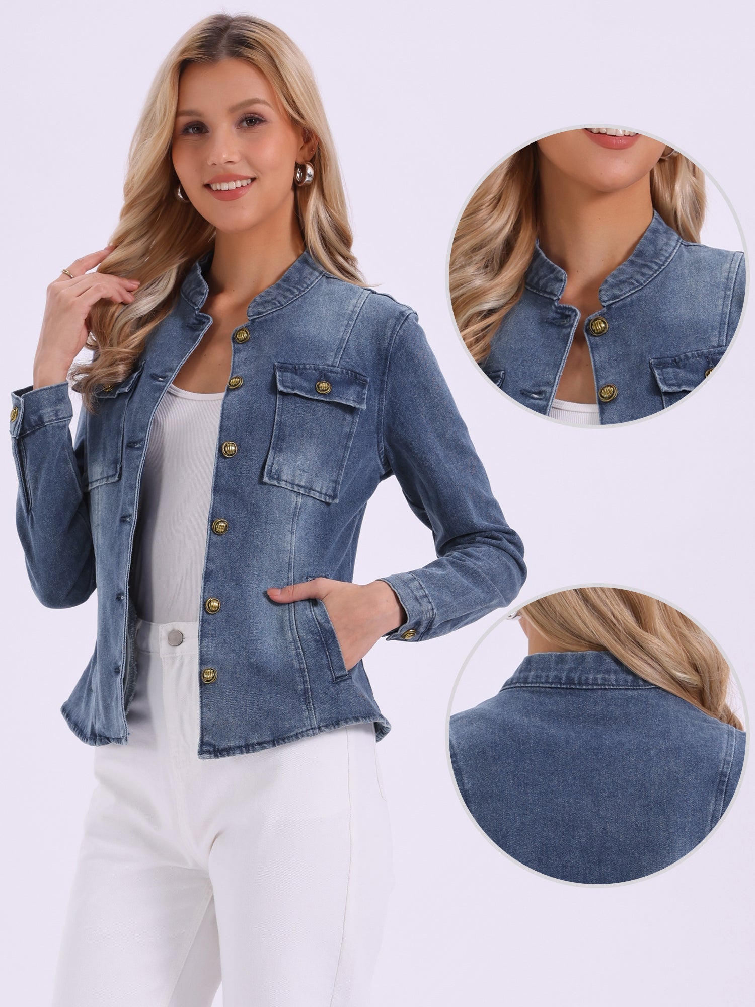 Casual Denim Classic Stand Collar Long Sleeve Jean Jacket