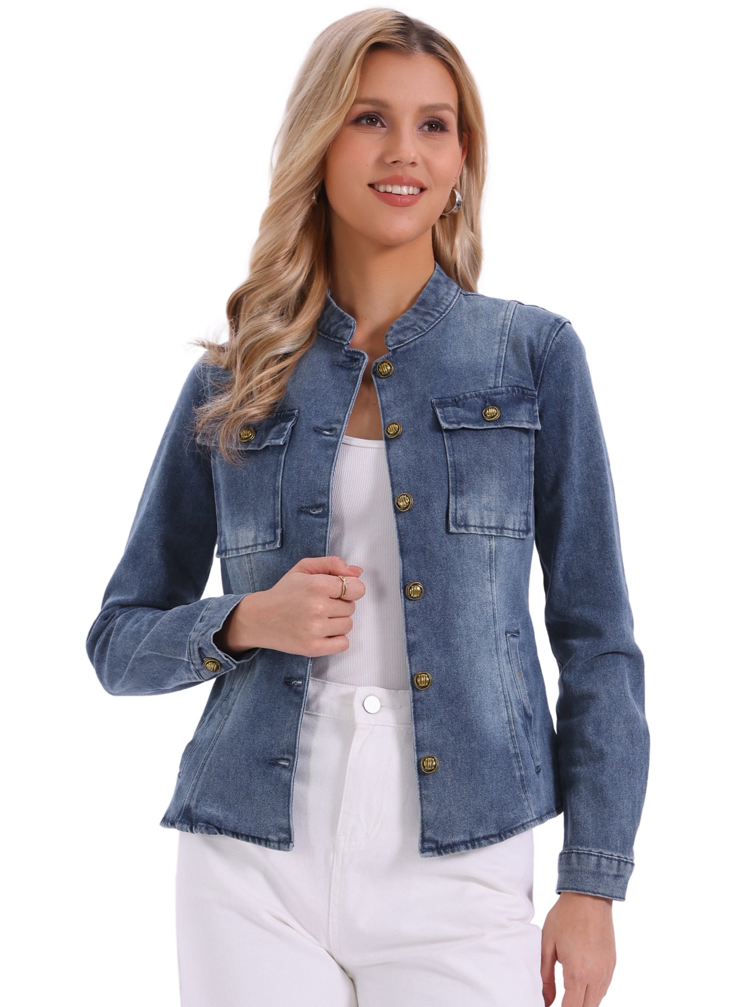 Casual Denim Classic Stand Collar Long Sleeve Jean Jacket