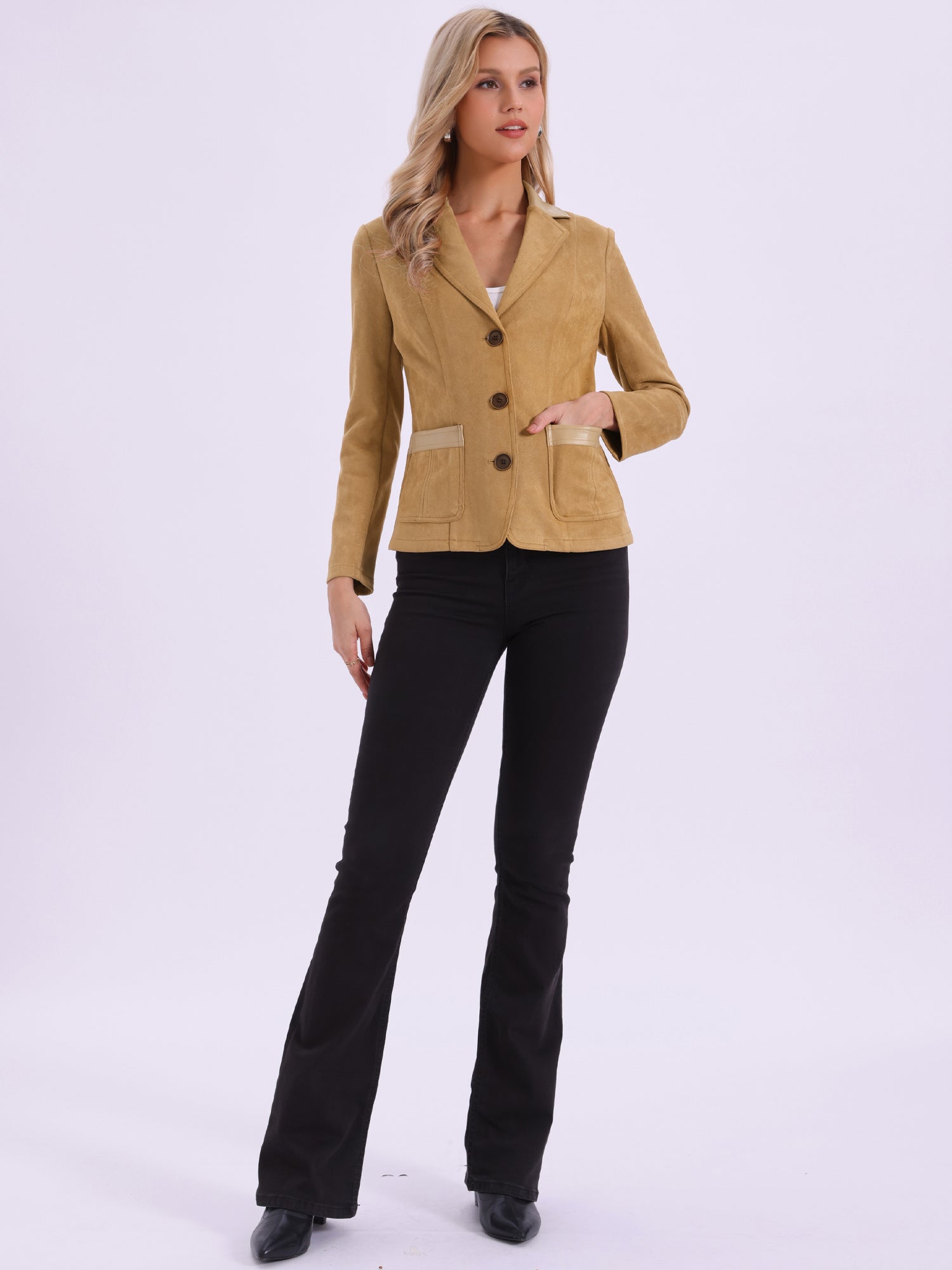 Faux Suede Lapel Collar Cowgirl 2 Button Blazer Jacket