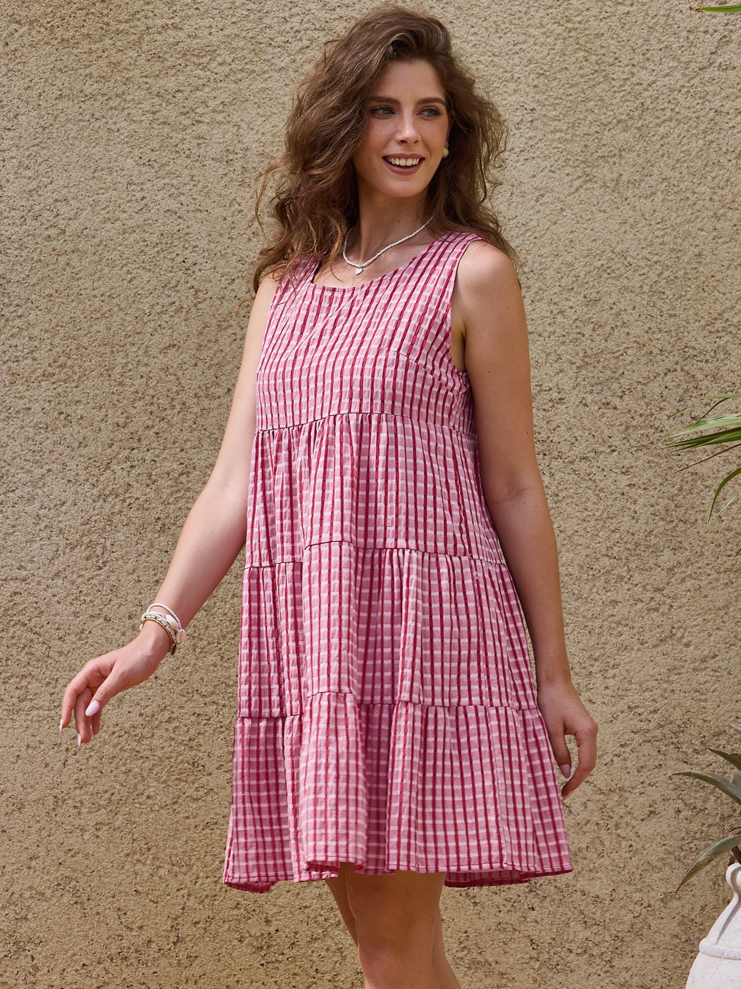 Gingham Sundress Sleeveless Plaid Flowy Swing Tiered Dress