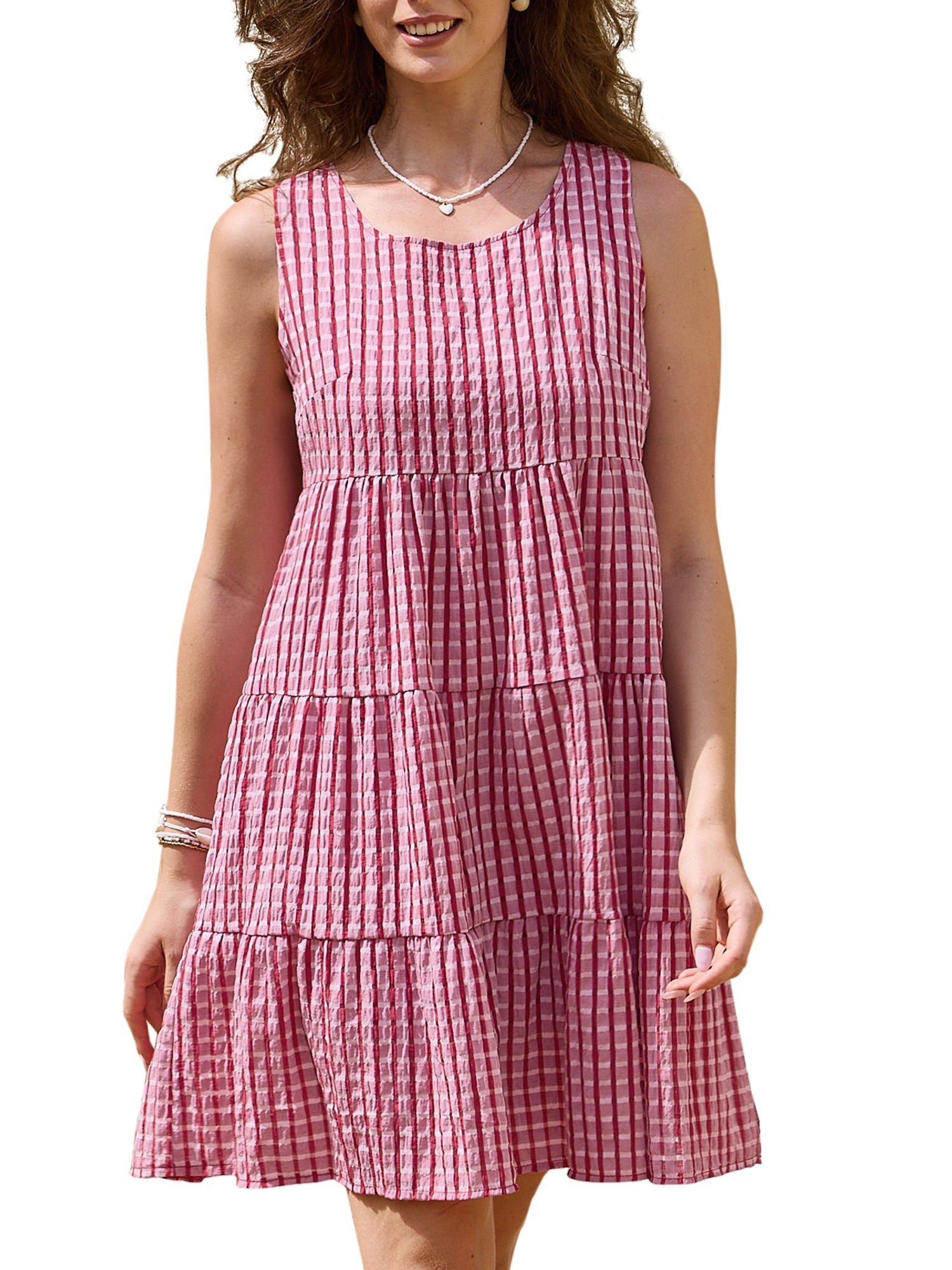 Gingham Sundress Sleeveless Plaid Flowy Swing Tiered Dress