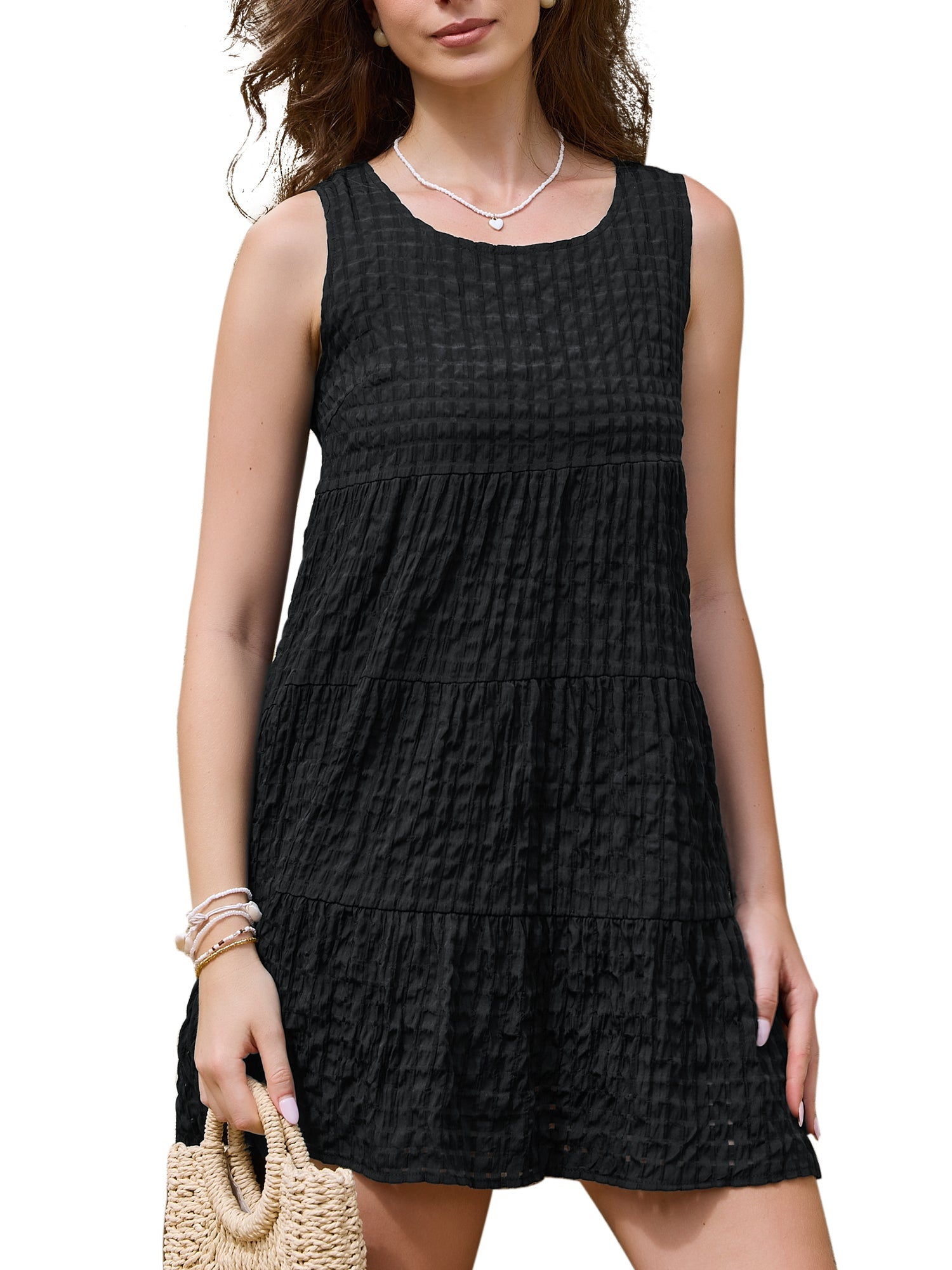 Gingham Sundress Sleeveless Plaid Flowy Swing Tiered Dress