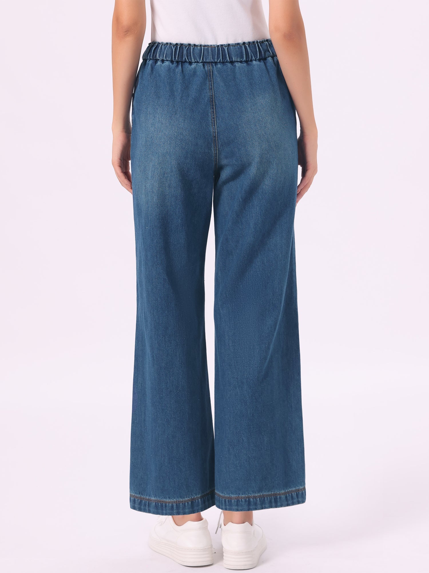Casual Denim Pants Drawstring Elastic Waist Wide Legs Jeans