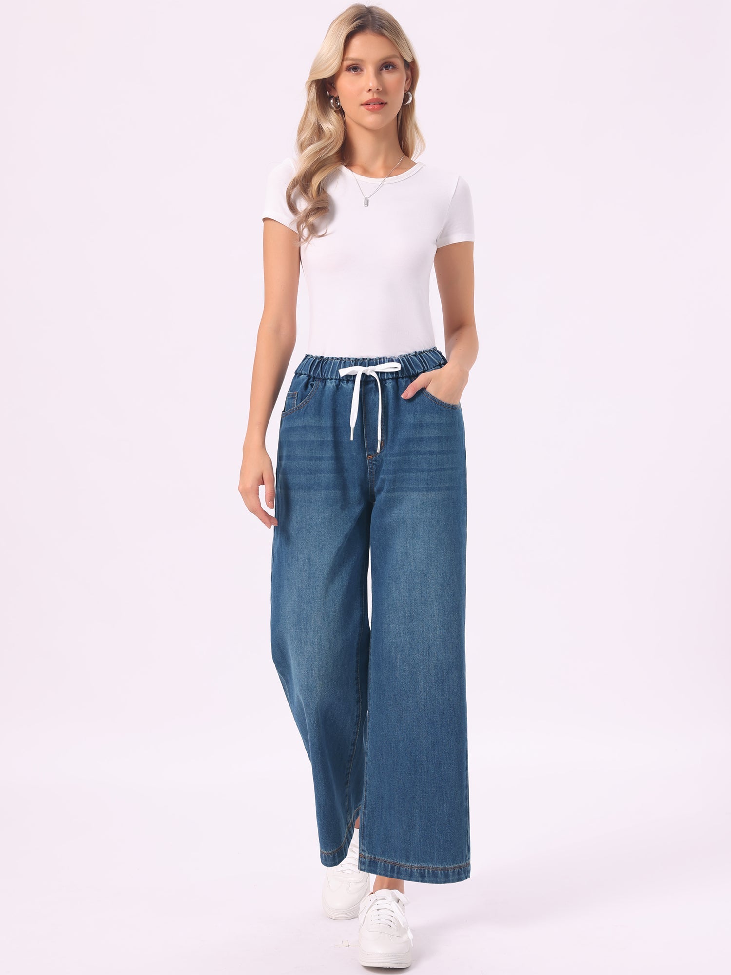 Casual Denim Pants Drawstring Elastic Waist Wide Legs Jeans