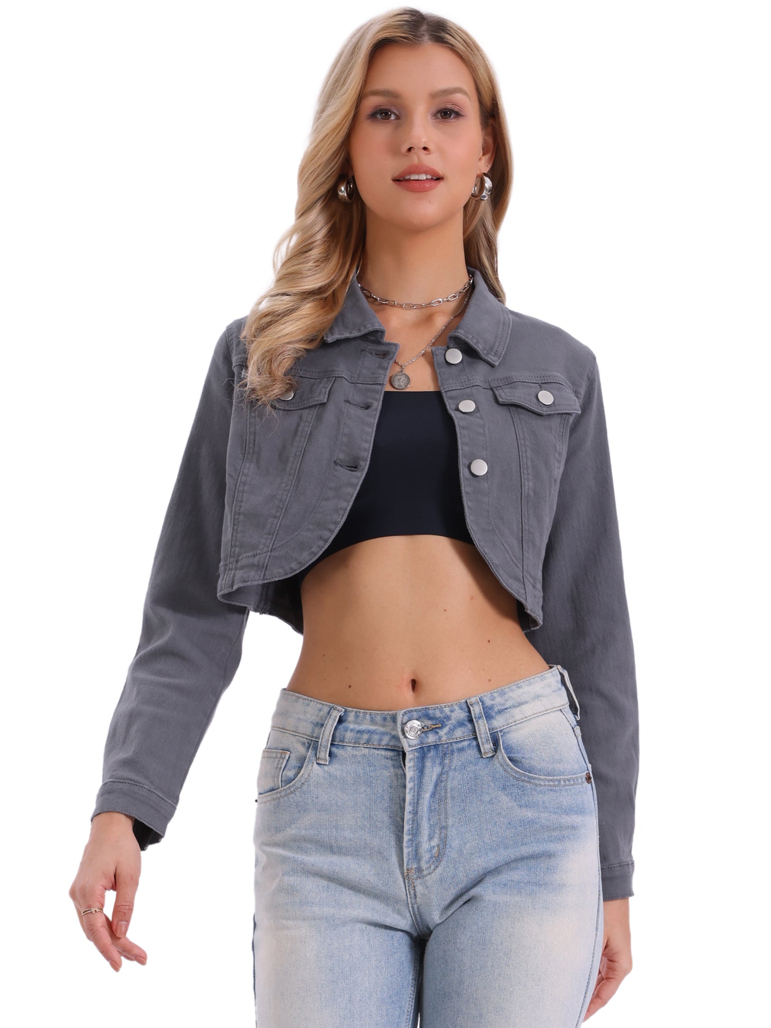 Collared Button Down Long Sleeve Denim Crop Jean Jacket