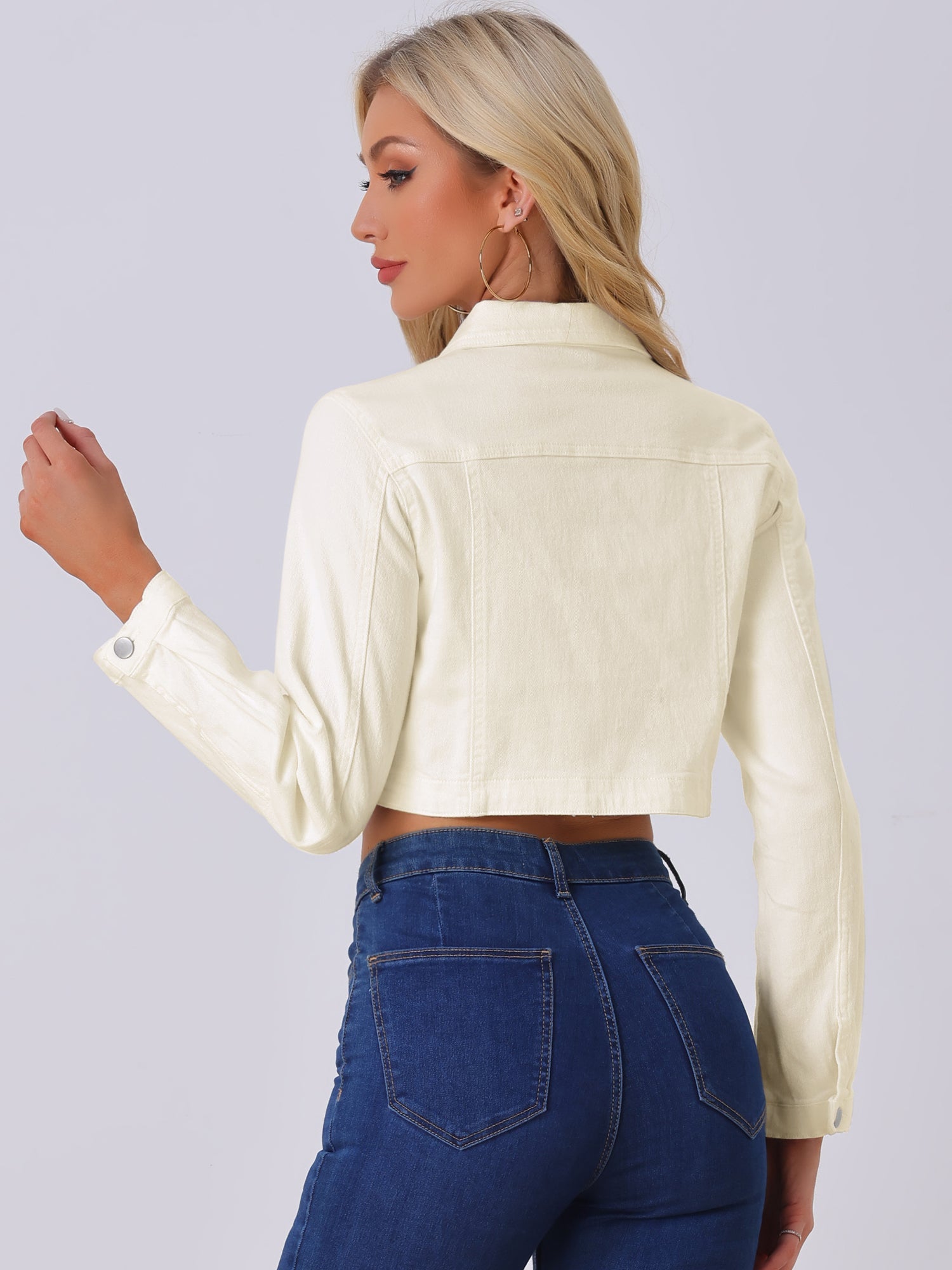 Collared Button Down Long Sleeve Denim Crop Jean Jacket