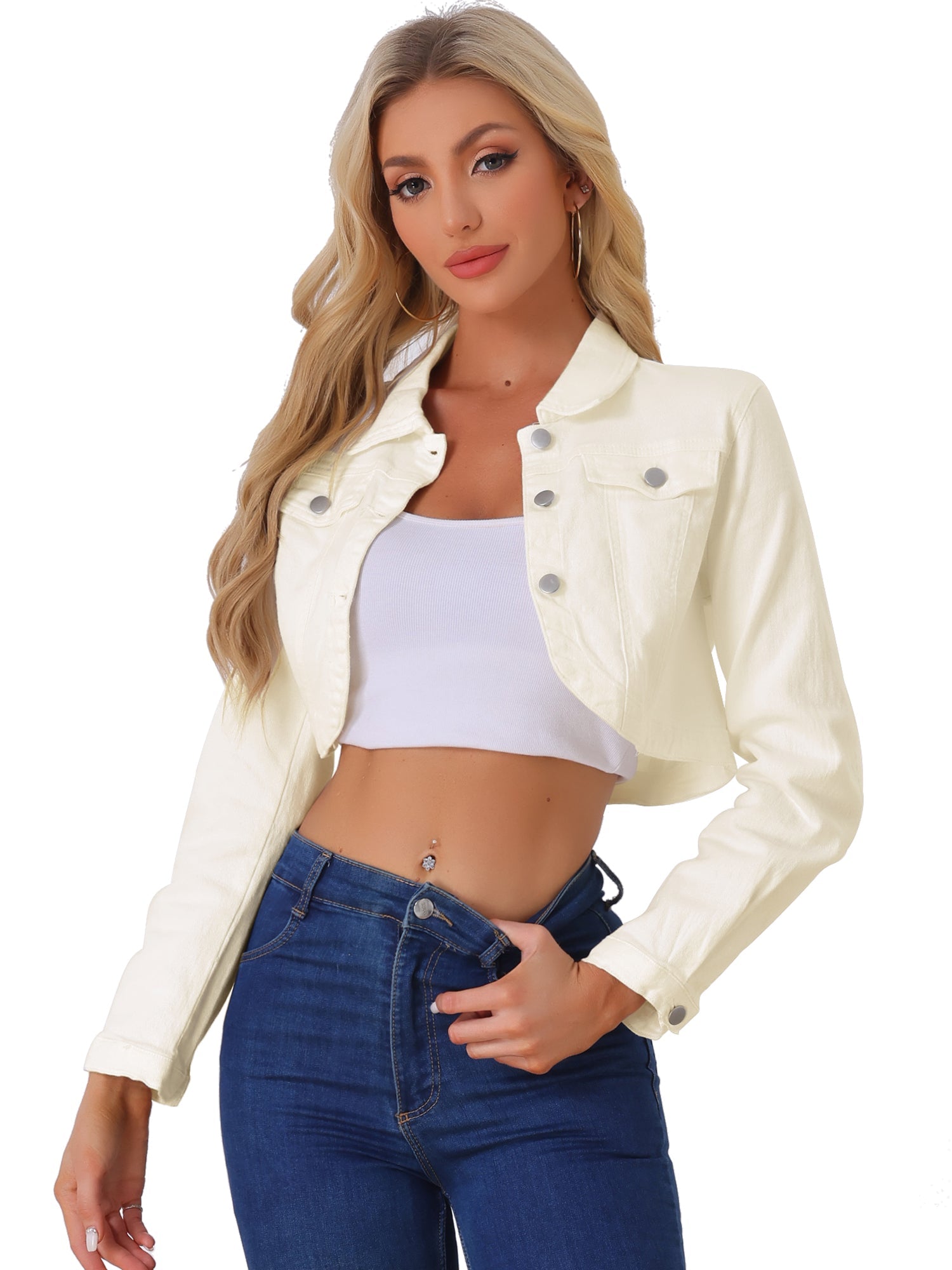 Collared Button Down Long Sleeve Denim Crop Jean Jacket