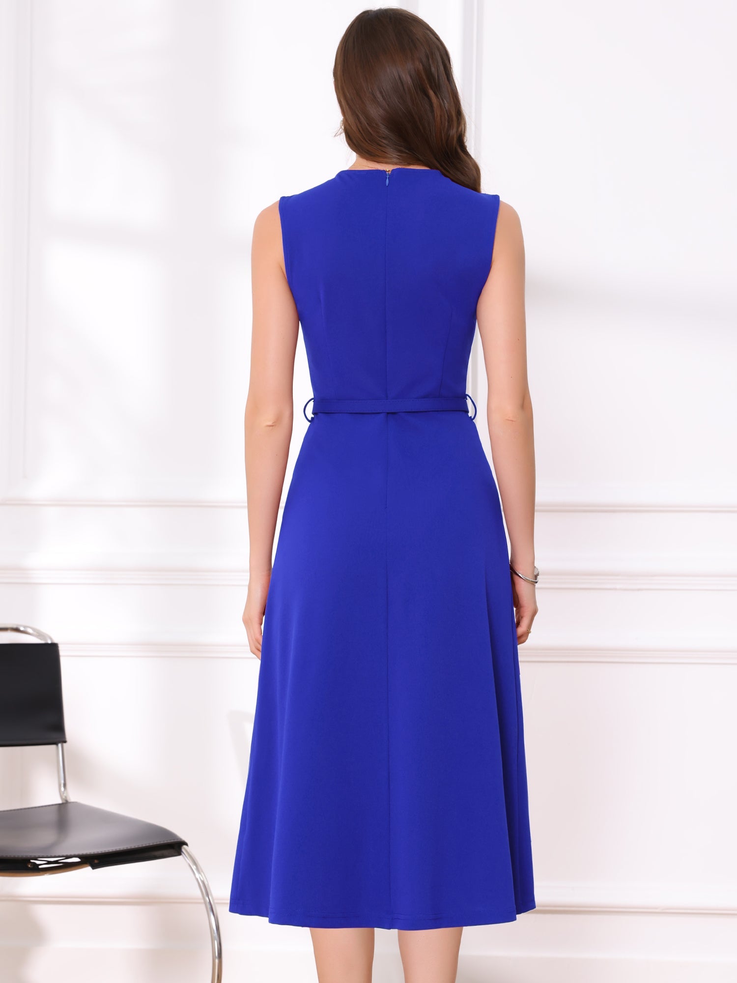 Work Sleeveless Crew Neck Belted A-Line Office Dress