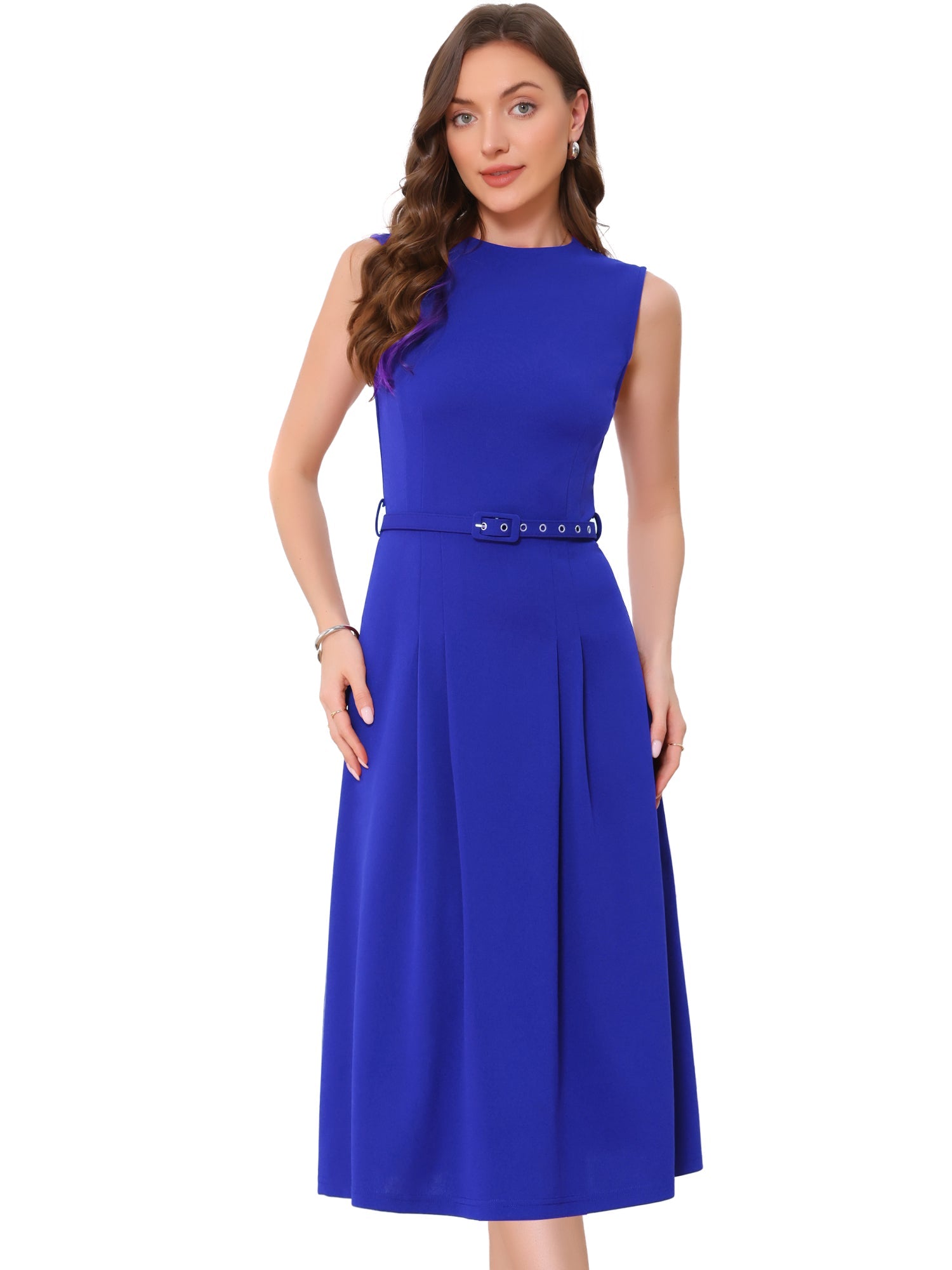 Work Sleeveless Crew Neck Belted A-Line Office Dress