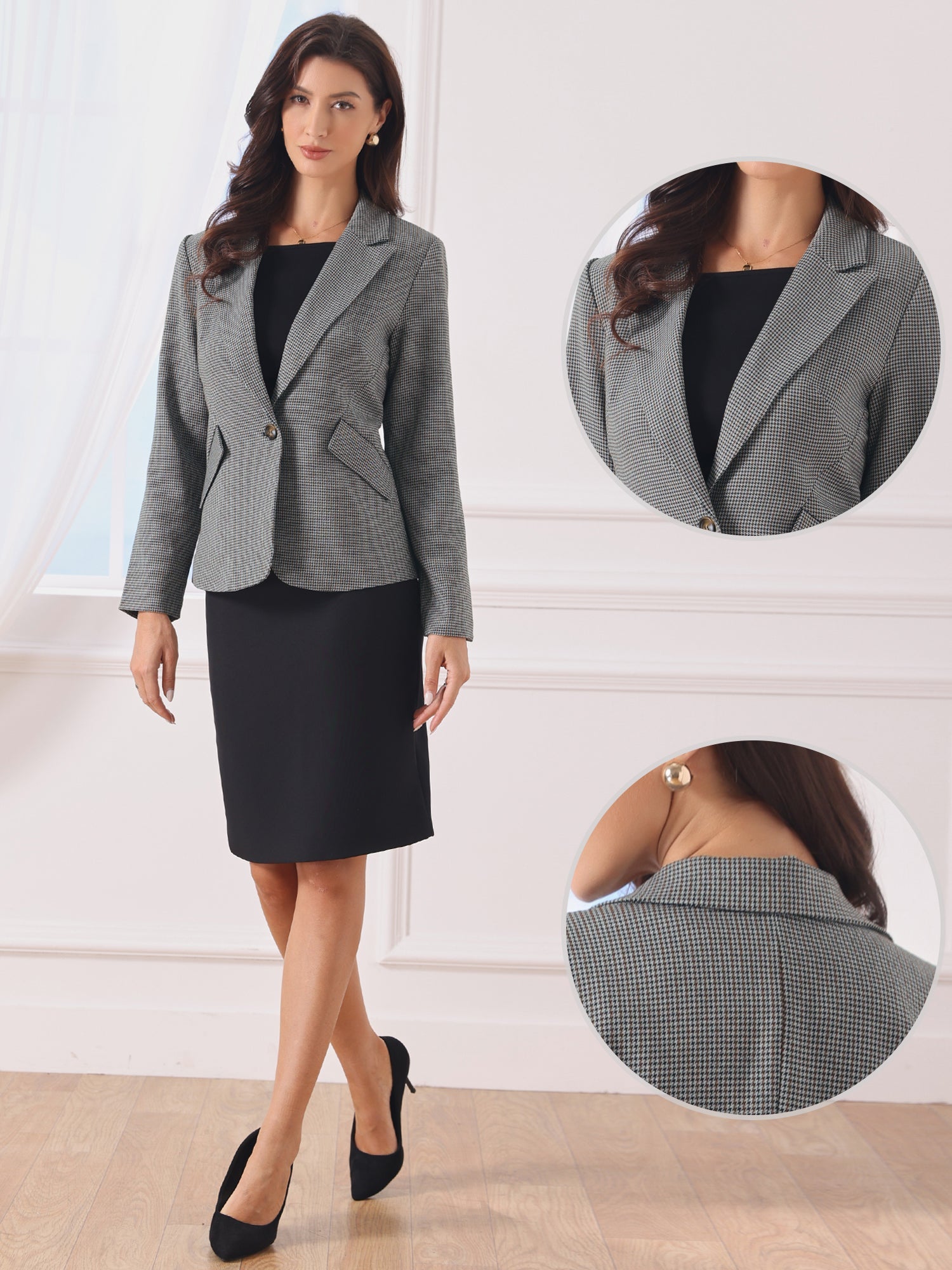 Houndstooth Notched Lapel One Button Office Work Blazer