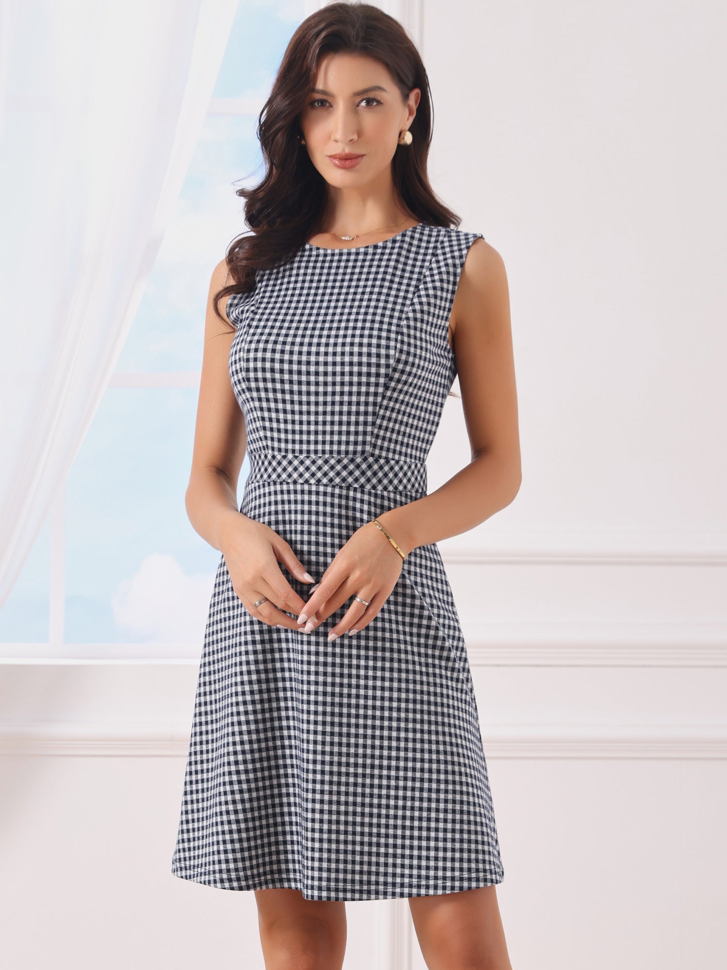 Plaid Sleeveless Fit and Flare Houndstooth Work Dress