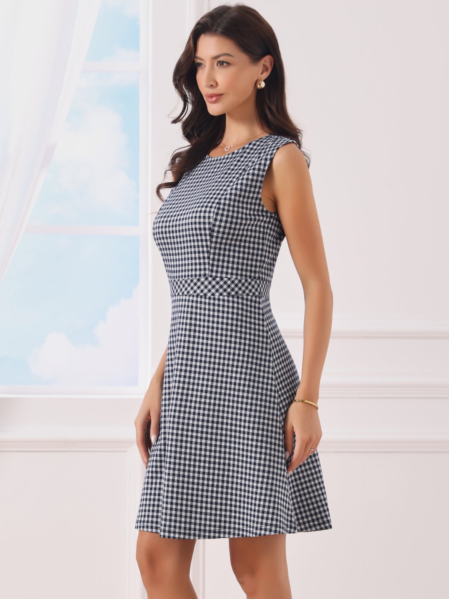 Plaid Sleeveless Fit and Flare Houndstooth Work Dress