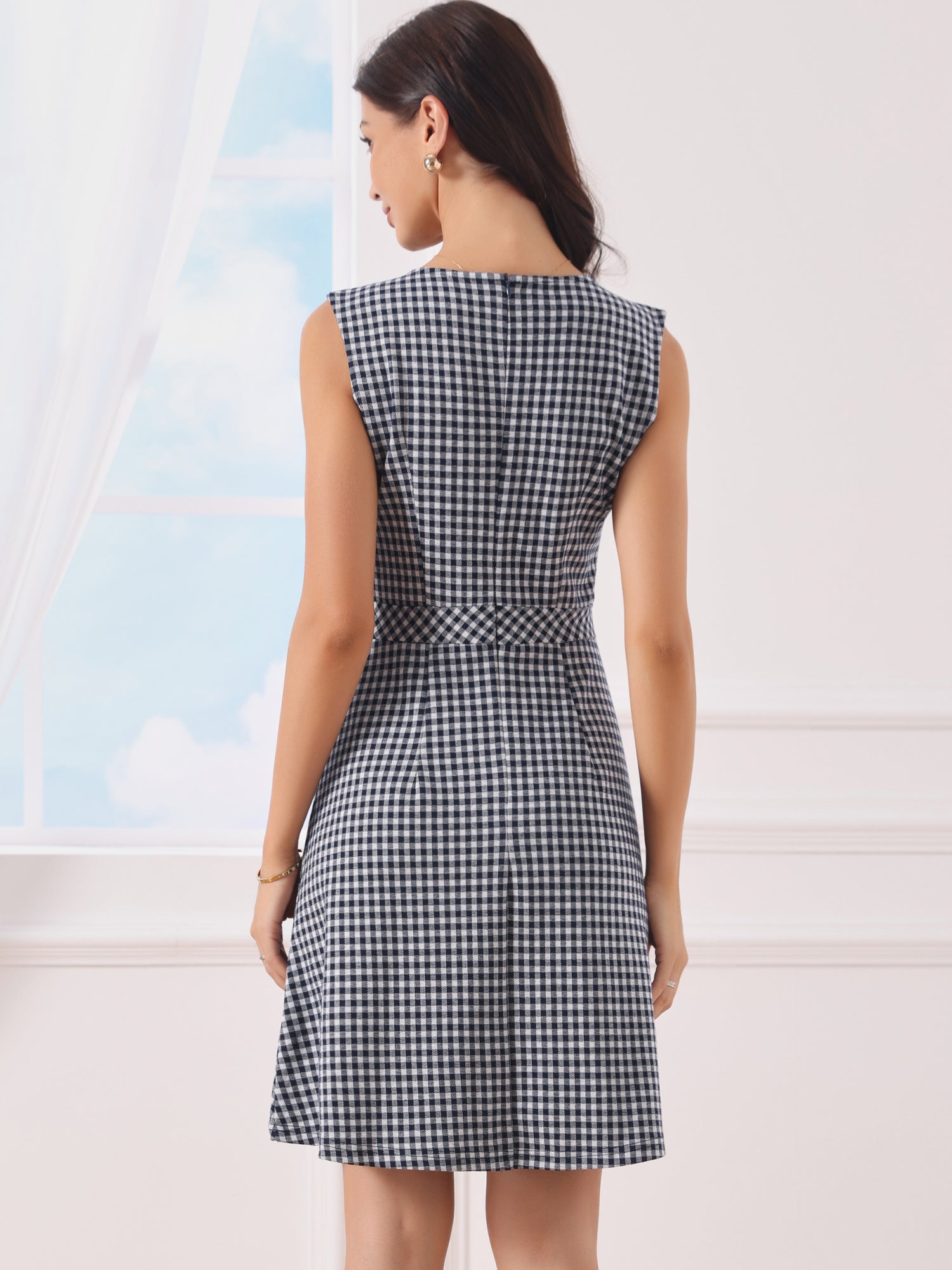Plaid Sleeveless Fit and Flare Houndstooth Work Dress