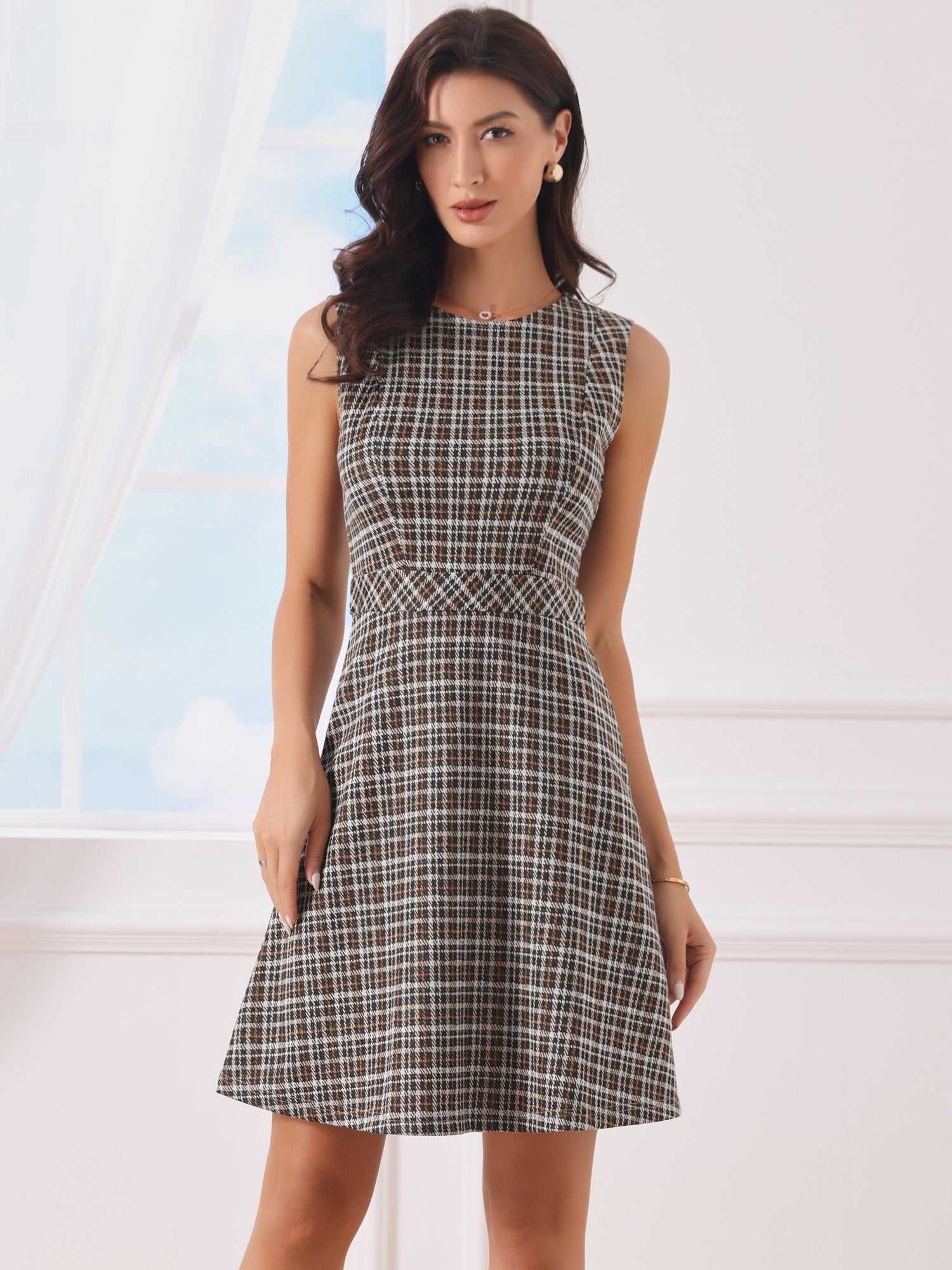 Plaid Sleeveless Fit and Flare Houndstooth Work Dress