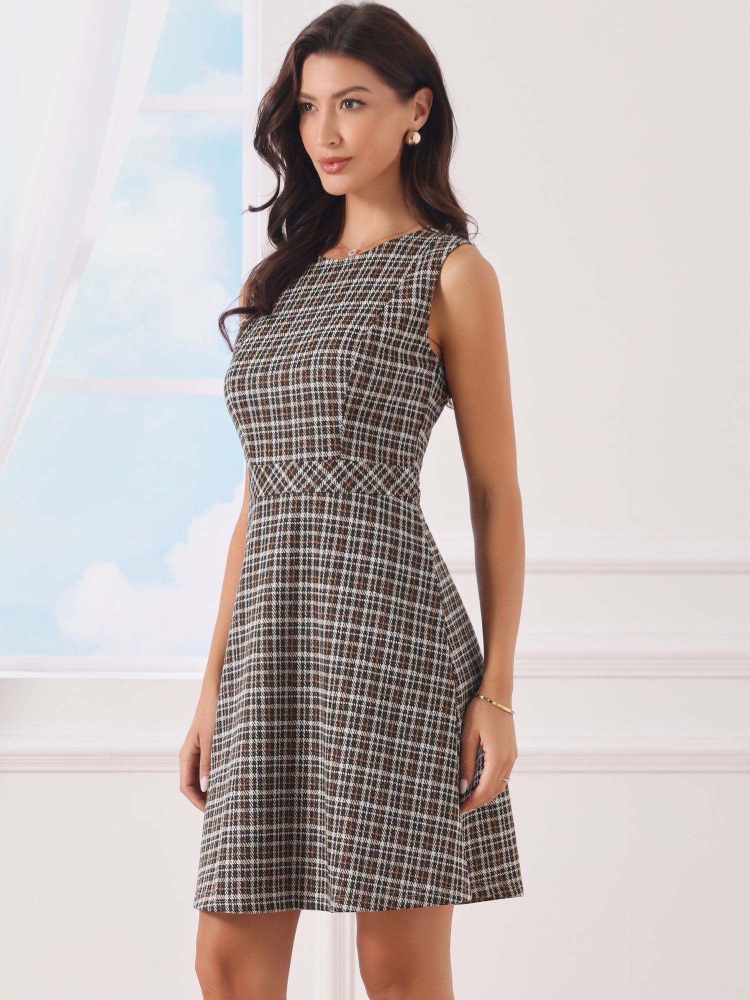 Plaid Sleeveless Fit and Flare Houndstooth Work Dress