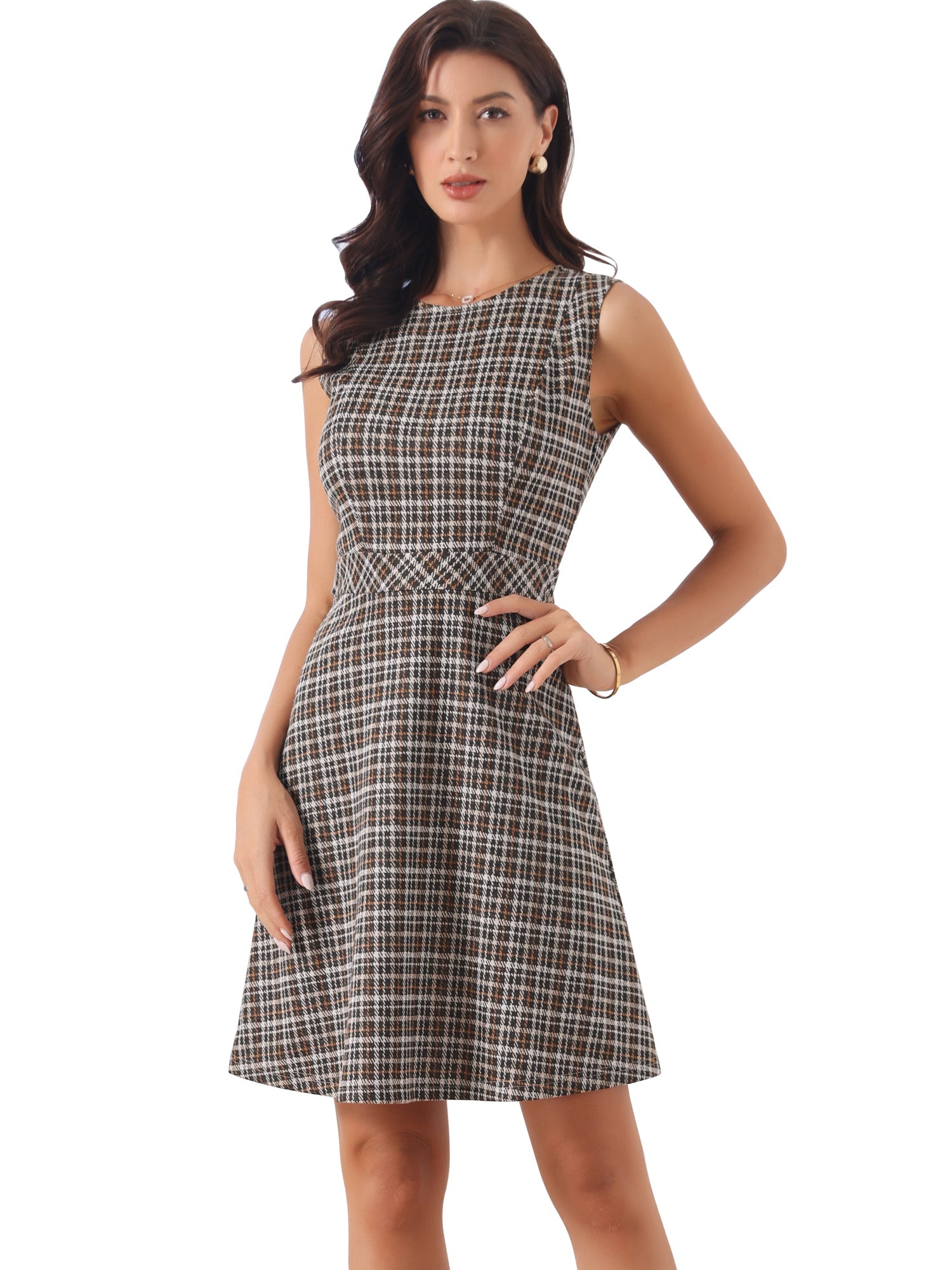 Plaid Sleeveless Fit and Flare Houndstooth Work Dress